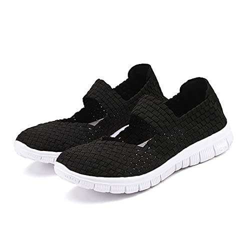 ERLINGO Zapatillas de senderismo para mujer tejidas ligeras y elásticas transpirables para caminar a la moda, cómodas zapatillas deportivas Mary Jane, color, talla 39 EU