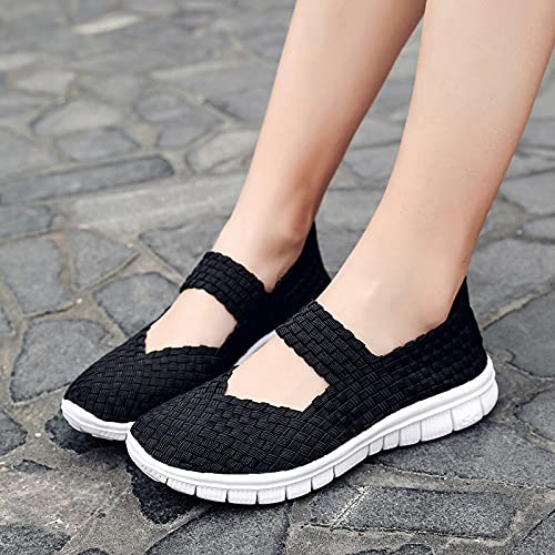 ERLINGO Zapatillas de senderismo para mujer tejidas ligeras y elásticas transpirables para caminar a la moda, cómodas zapatillas deportivas Mary Jane, color, talla 39 EU