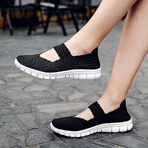 ERLINGO Zapatillas de senderismo para mujer tejidas ligeras y elásticas transpirables para caminar a la moda, cómodas zapatillas deportivas Mary Jane, color, talla 39 EU