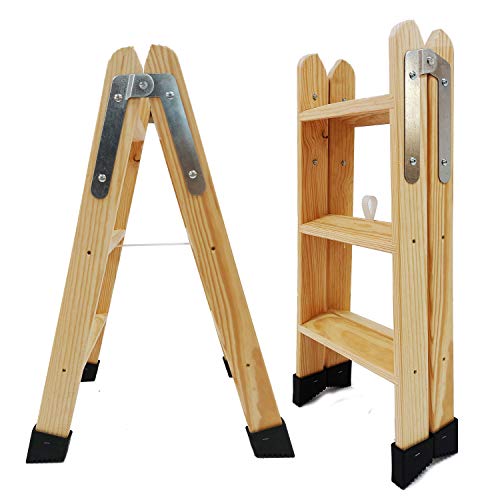 Escaleras Tijera de Madera Pino Doble Subida Certificadas. Ideal para Profesionales Pintor, Escayolista, Electricista o hasta para su hogar! (3 Peldaños)