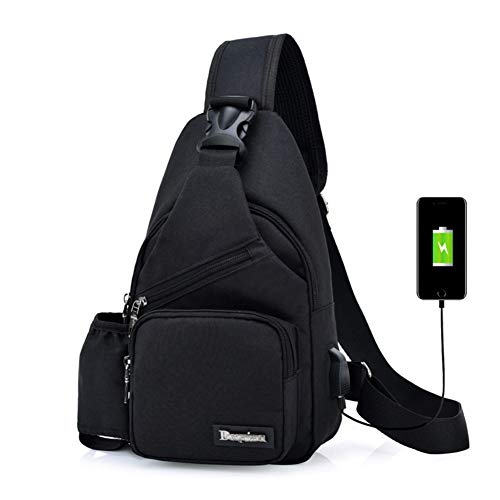 Estwell Mochila de Hombro Bolsa de Hombro Hombre Mujere Crossbody Sling Pecho Bolsa, Bolso Bandolera con Puerto de Carga USB para Deportes Viaje Gimnasio Ciclismo Senderismo