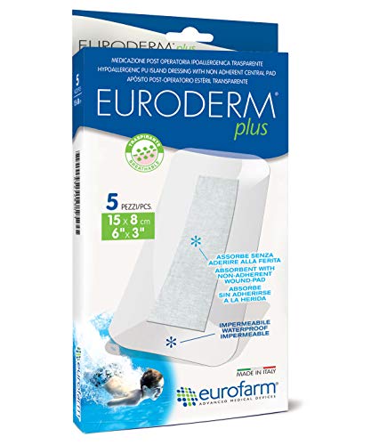 Euroderm Plus(cm 15 x cm 8) Apósito de poliuretano adhesivo con almohadilla central no adherente y de gran absorción,5 Unidades