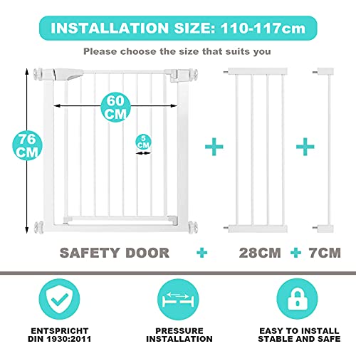 Extensible Barrera Seguridad Niños Barrera para Perros Sin Agujeros Barandillas de Escaleras Auto Close Barrera Seguridad Perros Adecuado para Perros Gatos(110-117cm Blanco