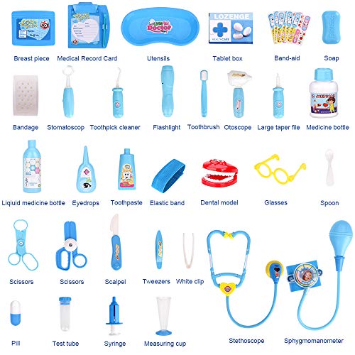 Fabur 49 Piezas Maletín de Médico de Juguete, Juego de rol Médico Dentista Enfermera Kit Clínica Dental Juego para Niños Fingir Juego Herramientas Juguete Set Regalos para Niños (Azul)