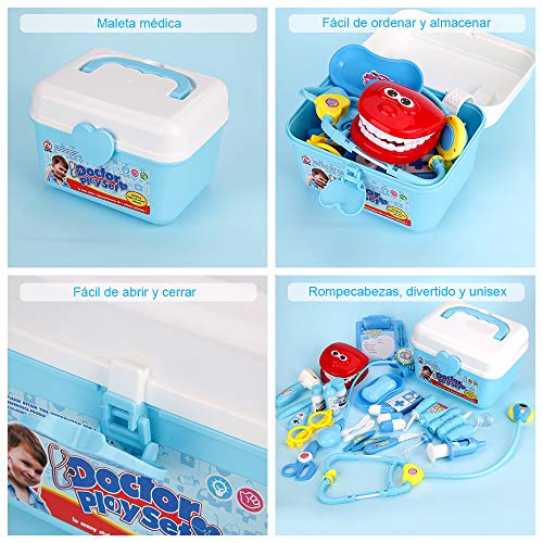 Fabur 49 Piezas Maletín de Médico de Juguete, Juego de rol Médico Dentista Enfermera Kit Clínica Dental Juego para Niños Fingir Juego Herramientas Juguete Set Regalos para Niños (Azul)