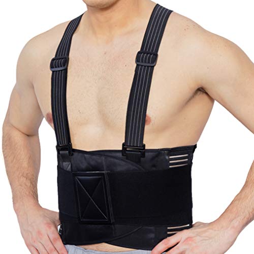 Faja para la espalda con tirantes, apoyo lumbar, cinturón de culturismo / halterofilia - Marca Neotech Care (Negro carbón, Talla XXL)