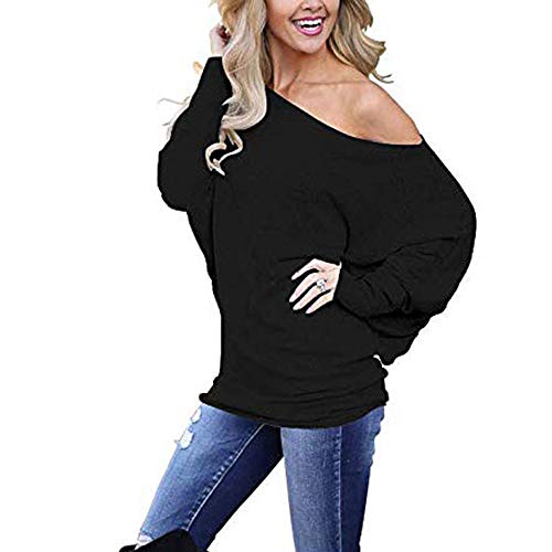 FAMILIZO Camisetas Mujer Invierno Mujer Hombro Suelto Suéter Jersey Manga Batwing Jersey Blusa Punto Superior Tops Mujer Fiesta Camisetas Mujer Originales Invierno Negro XL