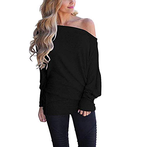 FAMILIZO Camisetas Mujer Invierno Mujer Hombro Suelto Suéter Jersey Manga Batwing Jersey Blusa Punto Superior Tops Mujer Fiesta Camisetas Mujer Originales Invierno Negro XL