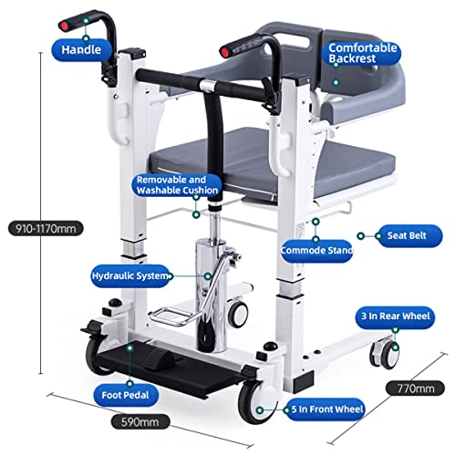 FANGX Asientos de elevación de Pacientes paralizados, con cojín Suave y Orinal, Ajuste hidráulico/Altura de elevación del pie/Asiento Dividido en 180 ° / Rueda Universal, Carga 264 LB