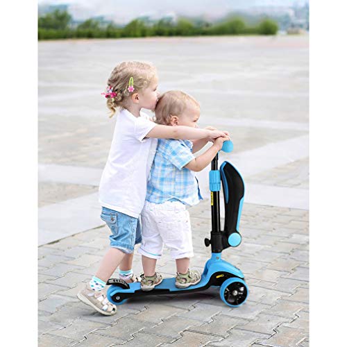 FASCOL 2 en 1 Patinete de 3 Ruedas de LED para Niños Scooter Vespa de Asiento Desmontable para 18 Meses - 8 años Niños Patinete de Carga Máxima: 50 kg Carga Máxima del Asiento: 25 kg (Azul Claro)