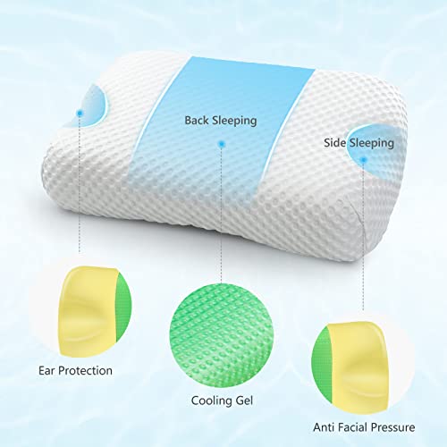 Feagar Almohada Cervical Viscoelástica con Gel, Almohada para Cuello Antidolores, Almohada Ortopédica para Dormir de Lado, Almohada Ergonómica Espalda con Agujero, Aliviar Presión Facial Oreja