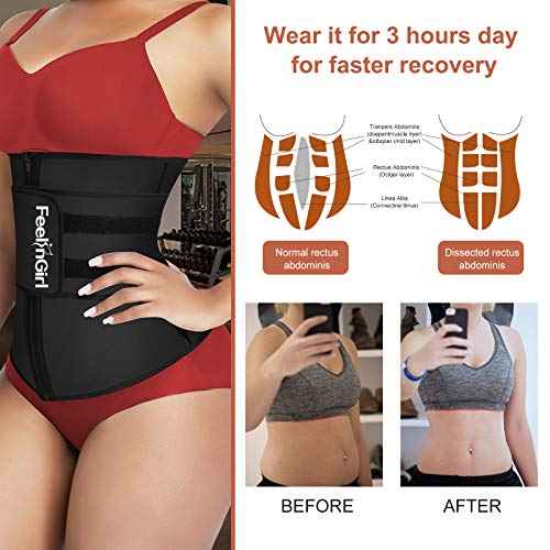 FeelinGirl Mujer Neopreno Corsé Lumbar con 7 Huesos Aceros Faja Reductora Postparto con Cremallera y Velcro Waist Trainer Deportivo Negro M/Talla 38