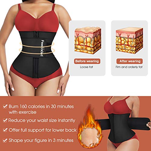 FeelinGirl Mujer Neopreno Corsé Lumbar con 7 Huesos Aceros Faja Reductora Postparto con Cremallera y Velcro Waist Trainer Deportivo Negro M/Talla 38