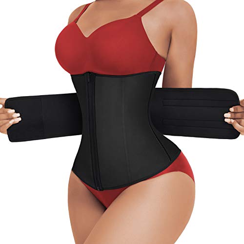 FeelinGirl Mujer Neopreno Corsé Lumbar con 7 Huesos Aceros Faja Reductora Postparto con Cremallera y Velcro Waist Trainer Deportivo Negro M/Talla 38