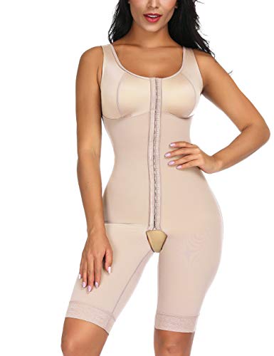 FeelinGirl Mujeres Shapewear de Cuerpo Overbust Faja Adelgazante Arriba de Busto Corset Reductor Lumbar con Ganchos Cremallera Body Shaper Talla Grande Beige Largo S/ES 36-38