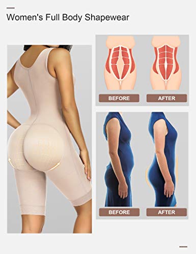 FeelinGirl Mujeres Shapewear de Cuerpo Overbust Faja Adelgazante Arriba de Busto Corset Reductor Lumbar con Ganchos Cremallera Body Shaper Talla Grande Beige Largo S/ES 36-38