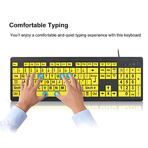 Festnight Teclado de computadora de impresión Grande USB con Cable para usuarios de Baja visión Letras de Alto Contraste de 104 Teclas para Hombres Mayores