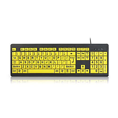 Festnight Teclado de computadora de impresión Grande USB con Cable para usuarios de Baja visión Letras de Alto Contraste de 104 Teclas para Hombres Mayores