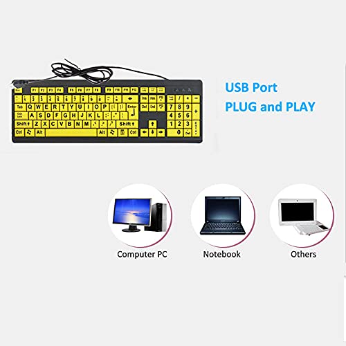 Festnight Teclado de computadora de impresión Grande USB con Cable para usuarios de Baja visión Letras de Alto Contraste de 104 Teclas para Hombres Mayores