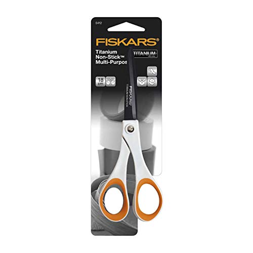 Fiskars Tijeras antiadhesivas Universales, Longitud: 18 cm, para diestros y zurdos, Revestimiento de titanio/Acero inoxidable/Plástico, Blanco/Naranja, 1004720