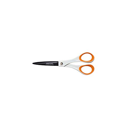 Fiskars Tijeras antiadhesivas Universales, Longitud: 18 cm, para diestros y zurdos, Revestimiento de titanio/Acero inoxidable/Plástico, Blanco/Naranja, 1004720