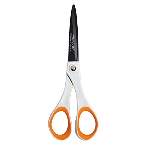 Fiskars Tijeras antiadhesivas Universales, Longitud: 18 cm, para diestros y zurdos, Revestimiento de titanio/Acero inoxidable/Plástico, Blanco/Naranja, 1004720