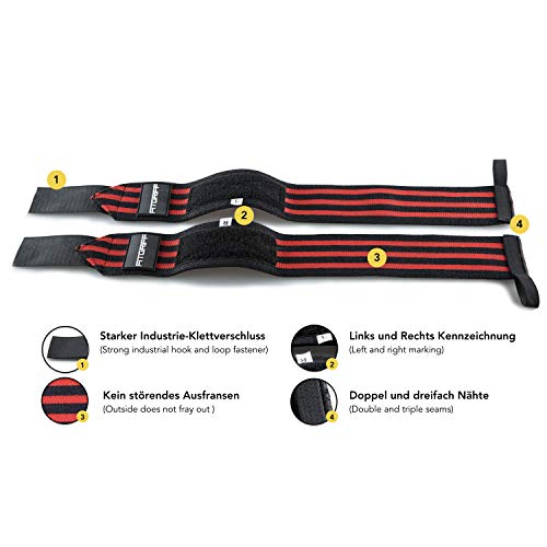 Fitgriff® Muñequeras Gym, Deportivas, Musculación, Gimnasio, Calistenia, Wrist Wraps - Mujeres y Hombres (Black/Red)