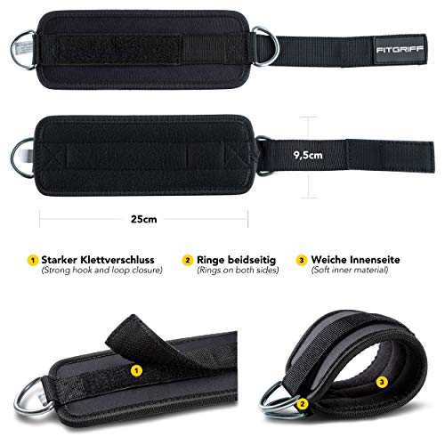 Fitgriff® Tobillera para Polea (Acolchado)- 2 Piezas Correas Tobillos Gym Cable Maquinas, Gimnasio, Fitness - Mujeres y Hombres (Negro)