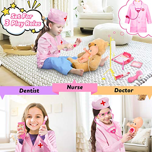 Fivejoy 43 Piezas Juguete del Doctor para Niños, Doctora de Juguetes, Maletín Medico Juguete Doctora Cosplay Juguetes, Juego de rol Regalos para Niños Mayores de 3 años con Accesorios, Asa (Rosa)