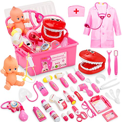 Fivejoy 43 Piezas Juguete del Doctor para Niños, Doctora de Juguetes, Maletín Medico Juguete Doctora Cosplay Juguetes, Juego de rol Regalos para Niños Mayores de 3 años con Accesorios, Asa (Rosa)