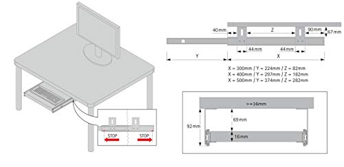 FIX&EASY Guías para bandeja y cajón, portateclados extraible deslizable galvanizado 400mm, con extracto para teclado, ratón y laptop