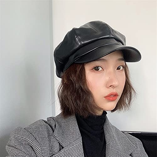 FLERTY Sombrero Femenino del Invierno Octogonal Tapa de Cuero de la PU Complejo Gubei Lei Inglaterra Tapa de Corea Japón ins informado de la Tapa del Muelle (Color : Black, Size : M)