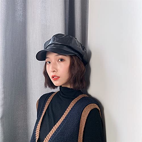 FLERTY Sombrero Femenino del Invierno Octogonal Tapa de Cuero de la PU Complejo Gubei Lei Inglaterra Tapa de Corea Japón ins informado de la Tapa del Muelle (Color : Black, Size : M)