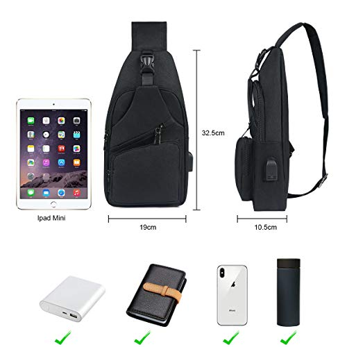 flintronic Sling Bag, Bolsa de Pecho con Puerto de Carga USB y Puerto para Auriculares, Hombres Mujeres Senderismo Ligero Mochila de Viaje (Incluye 1 Cable USB + 1 Gancho de Escalada)