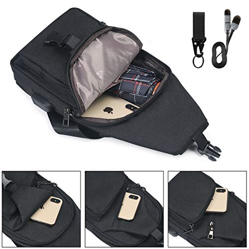 flintronic Sling Bag, Bolsa de Pecho con Puerto de Carga USB y Puerto para Auriculares, Hombres Mujeres Senderismo Ligero Mochila de Viaje (Incluye 1 Cable USB + 1 Gancho de Escalada)