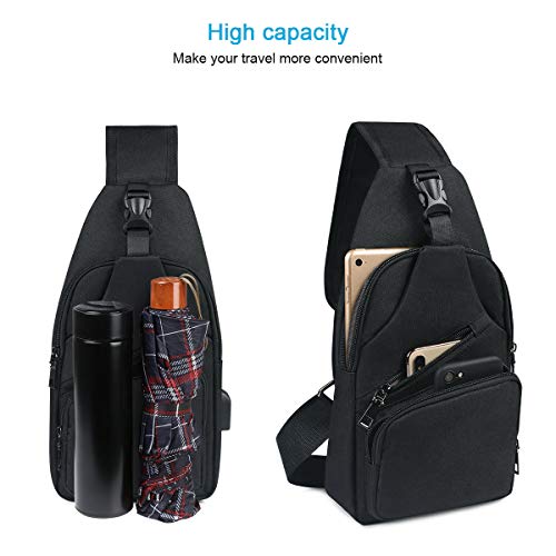 flintronic Sling Bag, Bolsa de Pecho con Puerto de Carga USB y Puerto para Auriculares, Hombres Mujeres Senderismo Ligero Mochila de Viaje (Incluye 1 Cable USB + 1 Gancho de Escalada)