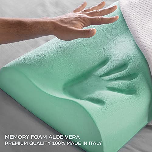 Flowen Almohada Viscoelastica Cervical Dispositivo Médico Ortopédico Cojin para Dormir Ortopedica en Aloe Vera Antironquidos de Cama Almohada Hipoalergénica y Antiácaros Ergonómica Made in Italy