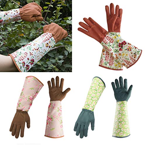 Folewr Guantes de jardinería de cuero de manga larga resistentes a las perforaciones acolchadas con palma reforzada para los dedos de la poda, funda de guantelete floral