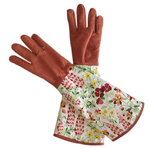 Folewr Guantes de jardinería de cuero de manga larga resistentes a las perforaciones acolchadas con palma reforzada para los dedos de la poda, funda de guantelete floral