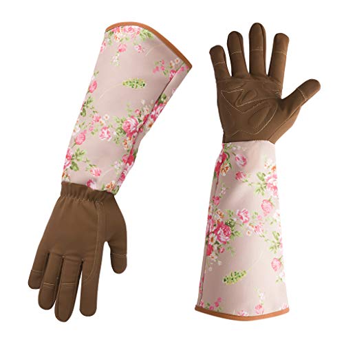 Folewr Guantes de jardinería de cuero de manga larga resistentes a las perforaciones acolchadas con palma reforzada para los dedos de la poda, funda de guantelete floral