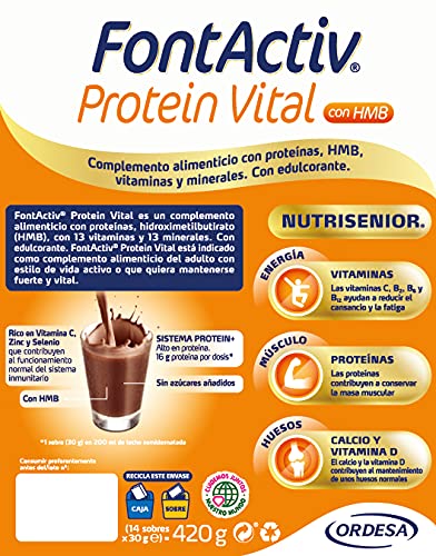 FONTACTIV Protein Vital, Complemento Nutricional Para Adultos, Hiperproteico Con Hmb Y Alto Contenido En Vitaminas Y Minerales, Sabor, 4 Sobres, Chocolate