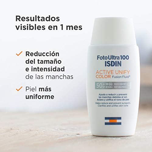 FotoUltra 100 ISDIN Active Unify Color SPF 50+ - Protector solar facial, Aclara y unifica el tono de piel, 50 ml