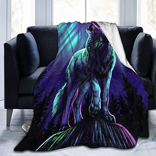 Franela Fleece Manta, Lobo con Auroras boreales Manta de Tiro Suave para Settees / Sofá / Sillas / Sofá - Ligero, Cálido y Acogedor 150*125cm