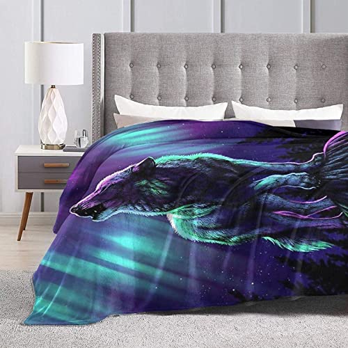 Franela Fleece Manta, Lobo con Auroras boreales Manta de Tiro Suave para Settees / Sofá / Sillas / Sofá - Ligero, Cálido y Acogedor 150*125cm