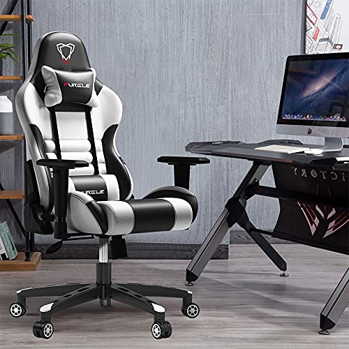 Furgle Silla de Juegos Estilo Carreras Silla de Oficina con Respaldo Alto 4D Ajustable de Piel sintética ejecutiva ergonómica giratoria para Videojuegos con Modo Mecedora (Negro & Blanco)