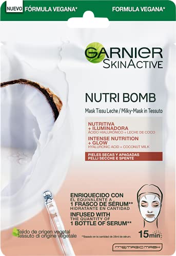 Garnier Skin Active Nutri Bomb Iluminadora, Mascarilla Facial de Tejido con Leche de Coco y Ácido Hialurónico para Pieles Secas y Apagadas, Hidrata y Nutre la Piel, 5 Unidades