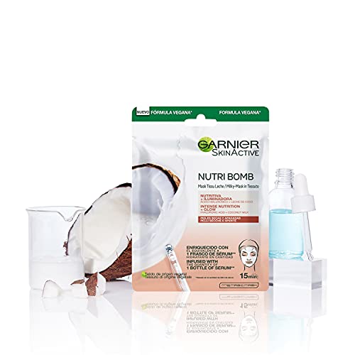 Garnier Skin Active Nutri Bomb Iluminadora, Mascarilla Facial de Tejido con Leche de Coco y Ácido Hialurónico para Pieles Secas y Apagadas, Hidrata y Nutre la Piel, 5 Unidades