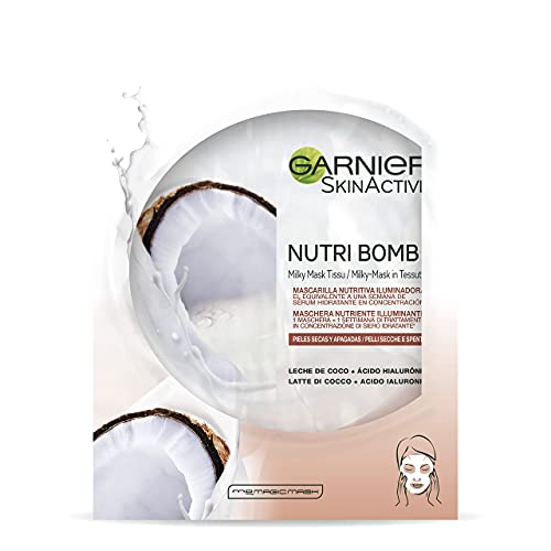 Garnier Skin Active Nutri Bomb Iluminadora, Mascarilla Facial de Tejido con Leche de Coco y Ácido Hialurónico para Pieles Secas y Apagadas, Hidrata y Nutre la Piel, 5 Unidades