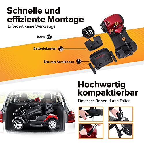 GBHJJ Moto Electrica Minusvalidos, Scooter EléCtrico Plegable con 4 Ruedas, Patinete PortáTil Ligero para Viaje, Admite 265 Libras de Carga, Ultra Larga Distancia de Marcha,Red