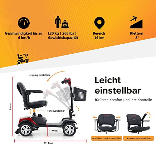 GBHJJ Plegable Scooter Electrico Adulto, 4 Ruedas Scooter EléCtrico Personas con Movilidad Reducida, Adultos, MinusváLidos, Desmontable Manillar Plegable, Asiento Giratorio,Red